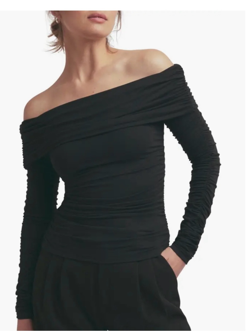 Favorite Daughter Women’s Black The Night Out Ruched Off-Shoulder Ruched Top.XS